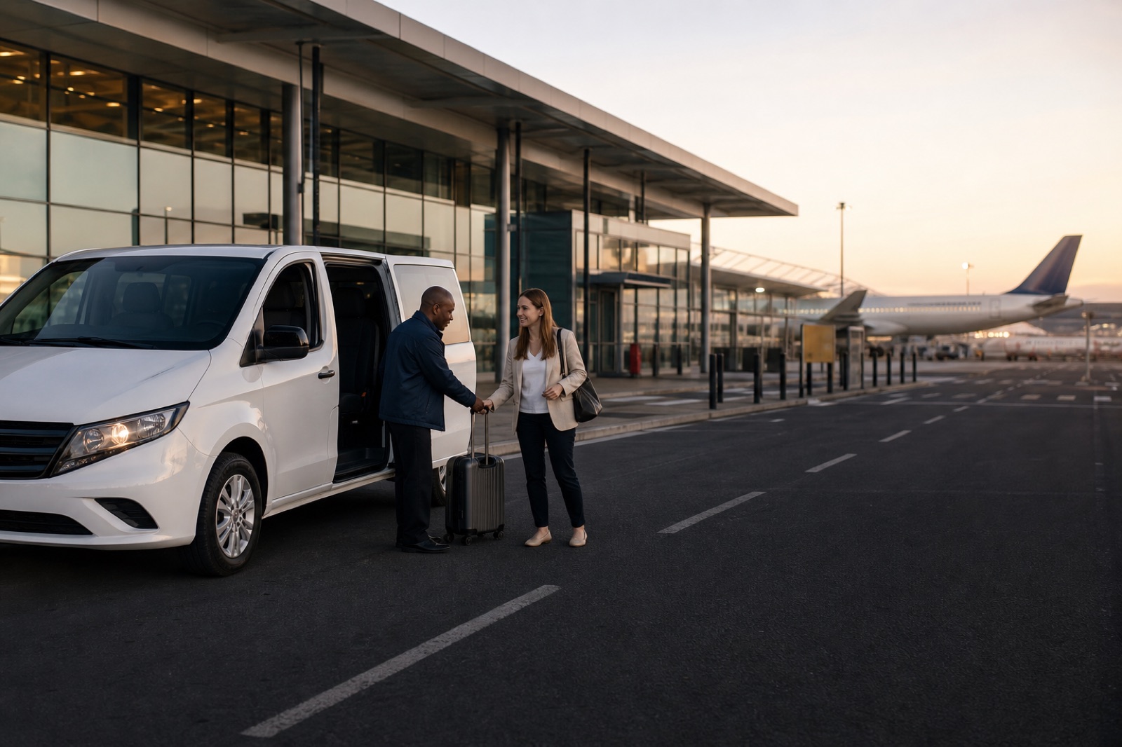 Professional driver welcoming a passenger beside a private transfer van at an airport terminal